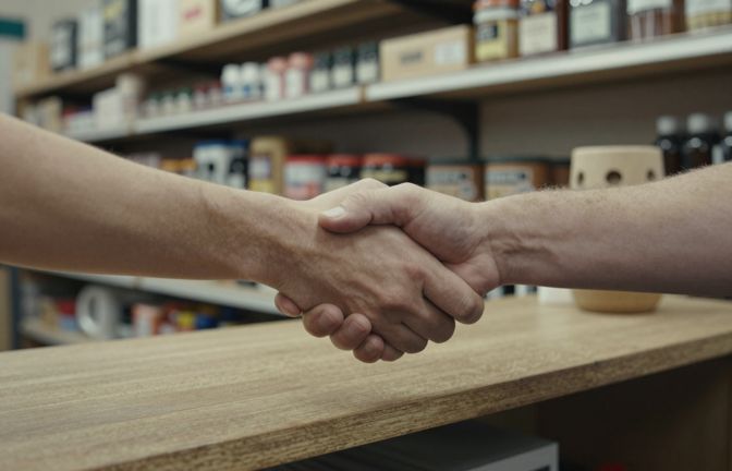 Close-up of two hands shaking over a timber hardware store counter