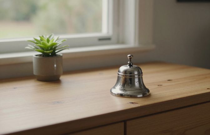 A silver service bell on a clean timber shop counter beside a small potted plant